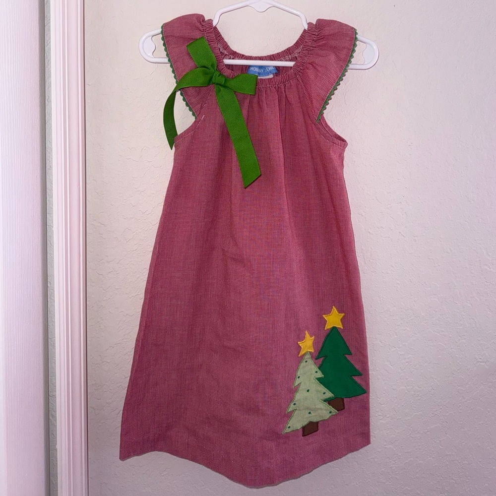 Vintage Red Dress with Green Bow and Tree.